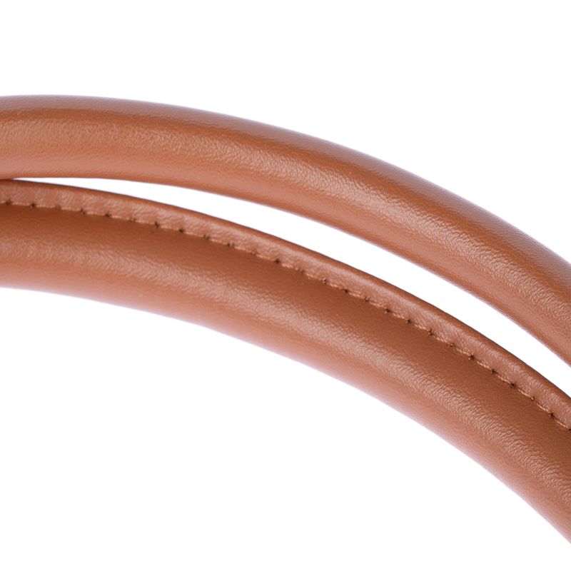 Close-up of brown, stitched leather material, possibly part of a product such as a lead or collar.