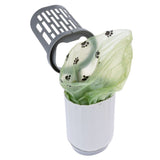 White waste bin with grey lid and green bag with paw pattern, shown open.