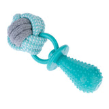 Toy made of turquoise plastic with a textured handle and a knot of grey and turquoise dotted rope.