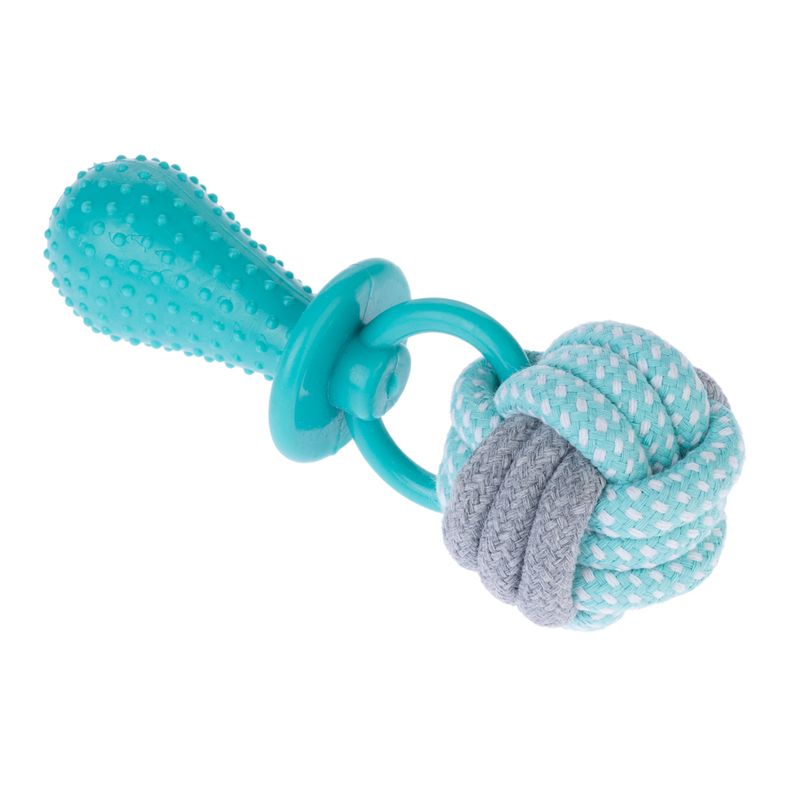 Toy for pets made of turquoise plastic with studs and a knot of grey and turquoise rope. Suitable for playing or chewing.