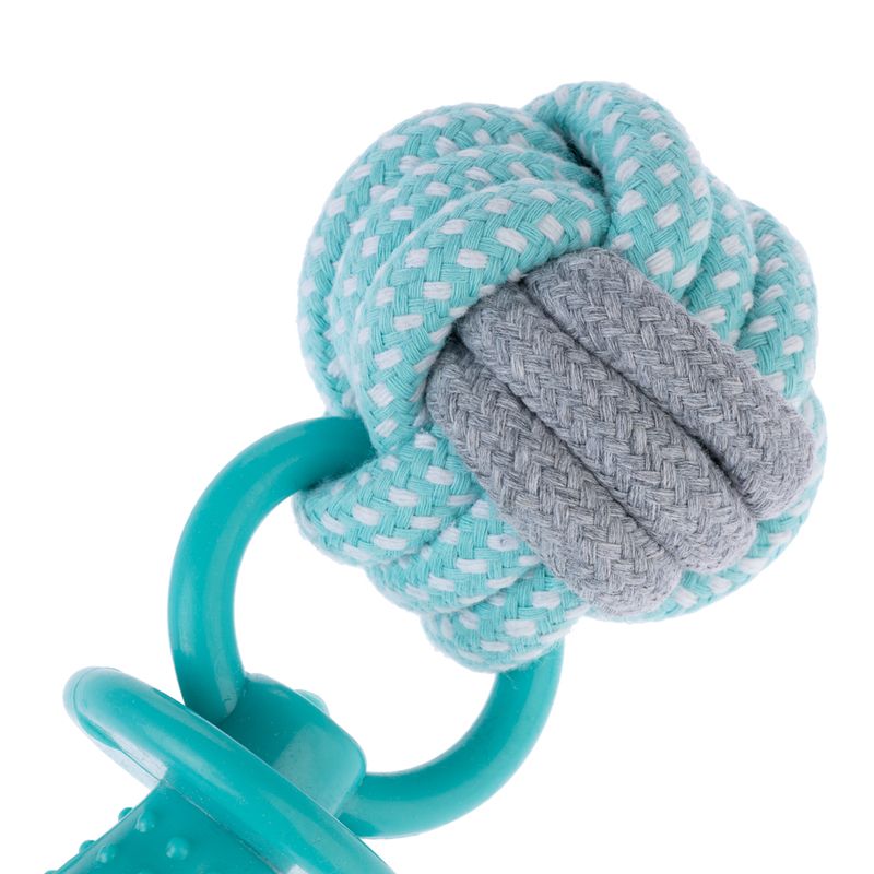Toy made of braided rope in turquoise and grey with plastic ring, suitable for chewing and tugging games.