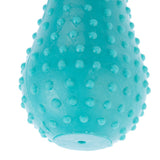 Turquoise toy with nubby texture, drop-shaped design made of plastic.