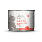 Mjamjam meal with tasty hearts, grain-free. Image of a cat and food bowl on the can.