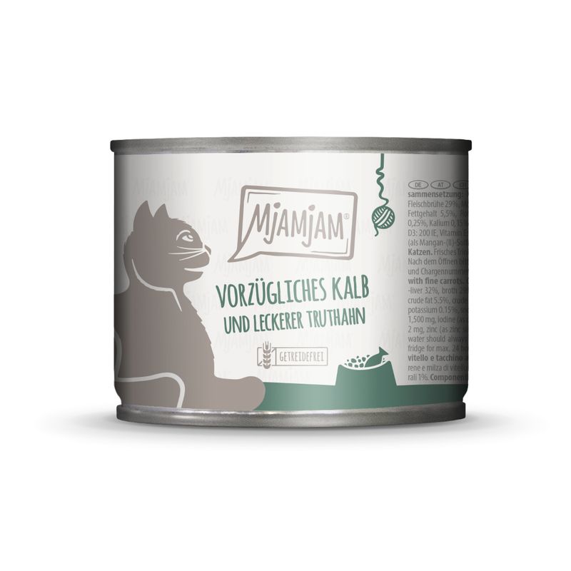 MjAMjAM wet cat food, exquisite veal and tasty turkey, grain-free, tin with cat design.