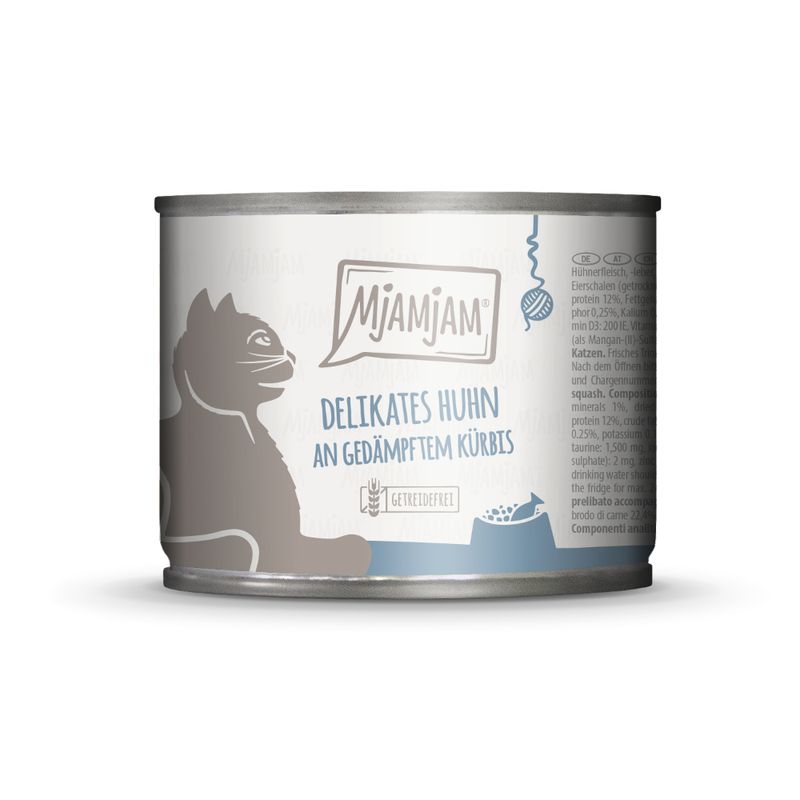 MjAMjAM Delicate Chicken with steamed pumpkin, grain-free. Image of a cat and a fish symbol on the can.