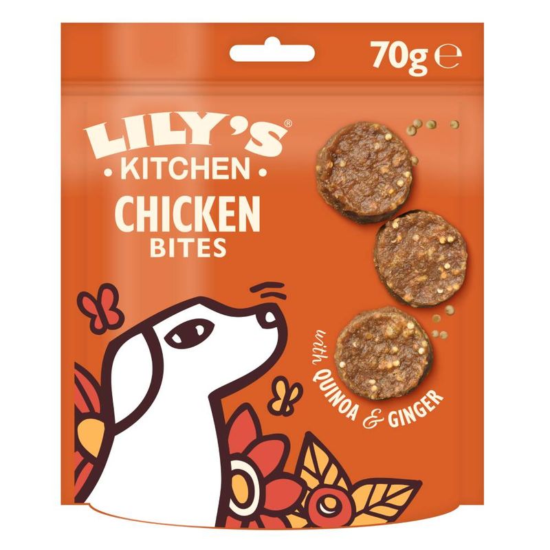 Lily's Kitchen Chicken Bites, 70g pack, with quinoa and ginger. Image shows three round bites and key ingredients highlighted on the packaging.
