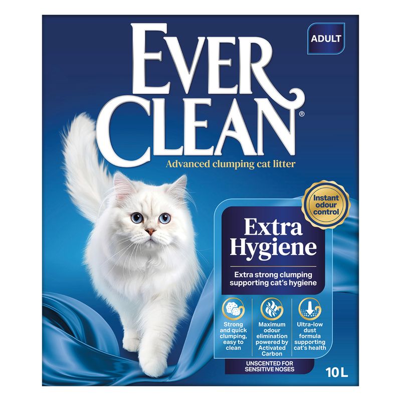 Ever Clean Extra Hygiene, advanced clumping cat litter, instant odour control, 10 L, unscented for sensitive noses, strong clumping, activated carbon, low dust.