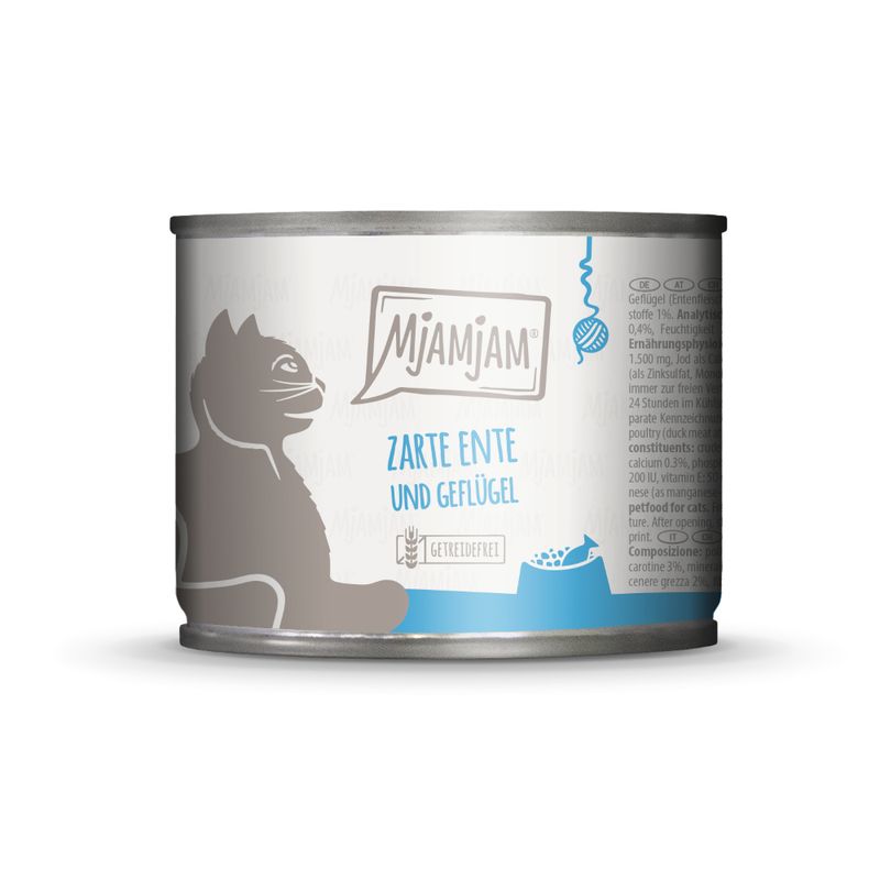Mjamjam wet food for cats, tender duck and poultry variety, grain-free. Packaging shows a cat and food bowl.