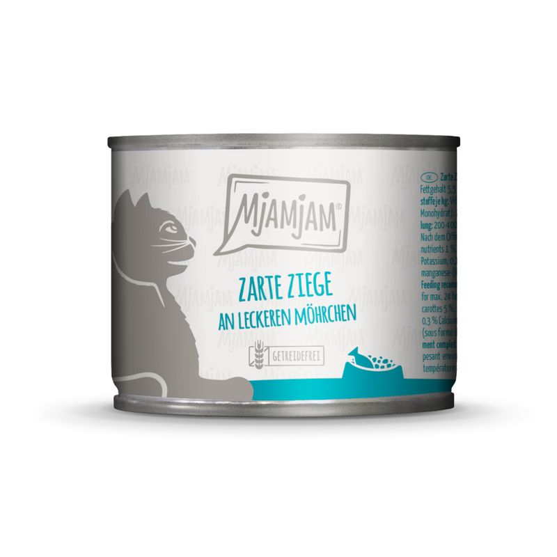 MjAMjAM Tender Goat with tasty carrots, grain-free. Wet food for cats in a can with an illustration of a cat and food bowl.