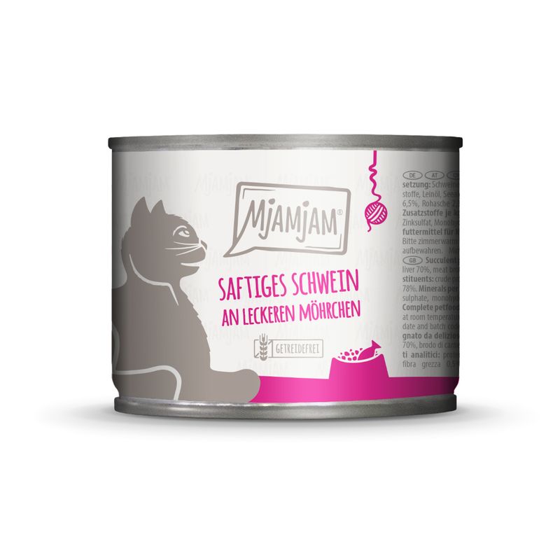 Mjamjam wet food for cats, variety: juicy pork with tasty carrots, grain-free. Packaging shows cat and food bowl.