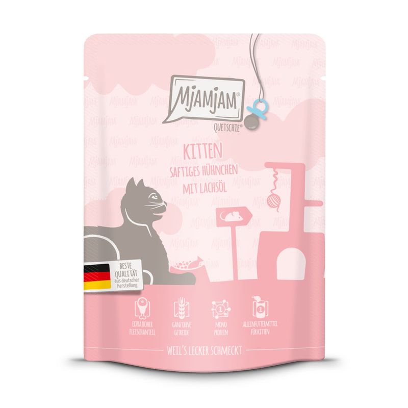 Mjamjam Quetschie Kitten juicy chicken with salmon oil. Top quality from German production, grain-free, monoprotein, complete food for kittens.