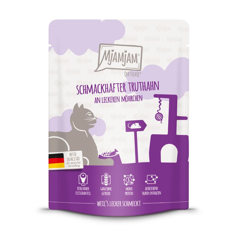 MjAMjAM Quetschie, tasty turkey with carrots. Premium quality from German production. Extra high meat content, grain-free, single protein, contains sufficient taurine.