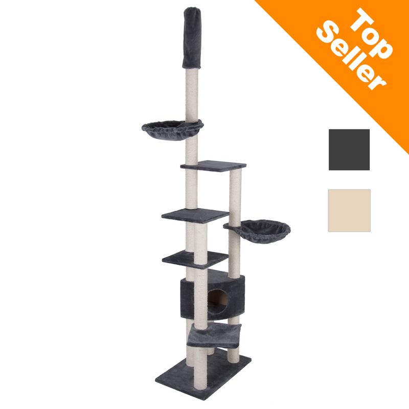Tall cat tree with multiple platforms, two round beds, a cubby hole, and beige sisal posts. Available in dark grey and beige. Orange badge reads 'Top Seller' in top right corner.