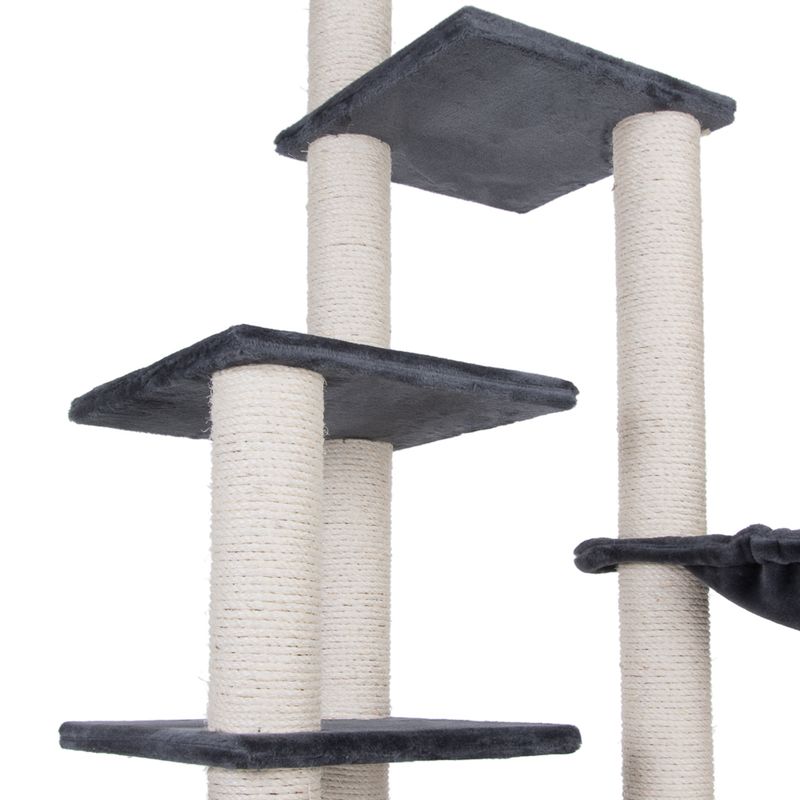Cat tree with multiple levels made of grey fabric and sisal-wrapped posts, suitable for cats to climb and scratch.