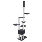 Multi-level scratching post with several platforms, two hammock-style beds, a cubed hideaway, and tall sisal-wrapped posts for climbing and scratching.