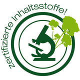 Certified ingredients! Green microscope icon with plant motif.