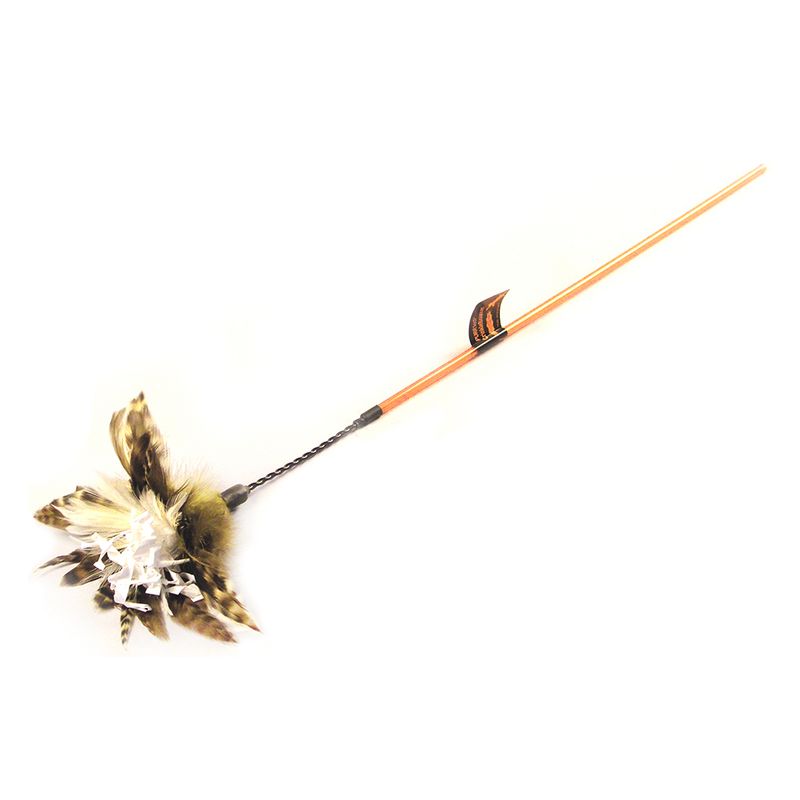 Play rod with orange stick, braided cord, feather pendant in natural tones and white paper strips.