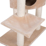 Multi-level beige scratching post with sisal-wrapped poles and a square platform, designed for climbing and scratching.