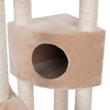 Cat tree with beige plush cover and round cave, surrounded by sisal posts.