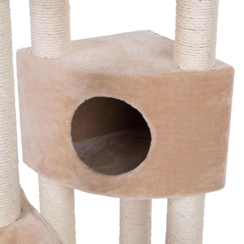 Cat tree with beige plush cover and round cave, surrounded by sisal posts.