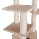 Cat tree with beige platforms and sisal-wrapped posts, suitable for cats to climb and scratch.