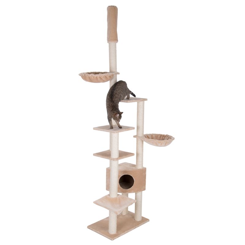 Cat tree with multiple levels, cave and resting areas. Cat climbing on one of the platforms.