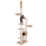 Cat tree with multiple levels, cave and resting areas. Cat climbing on one of the platforms.
