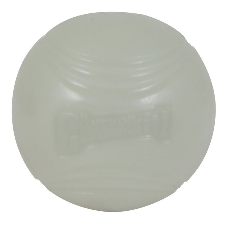 Chuckit! ball made of white material with embossed logo, suitable for throwing games.