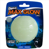 Chuckit! Max Glow Ball, glows in the dark, size Large/Grande. Packaging shows a dog and a house at night.