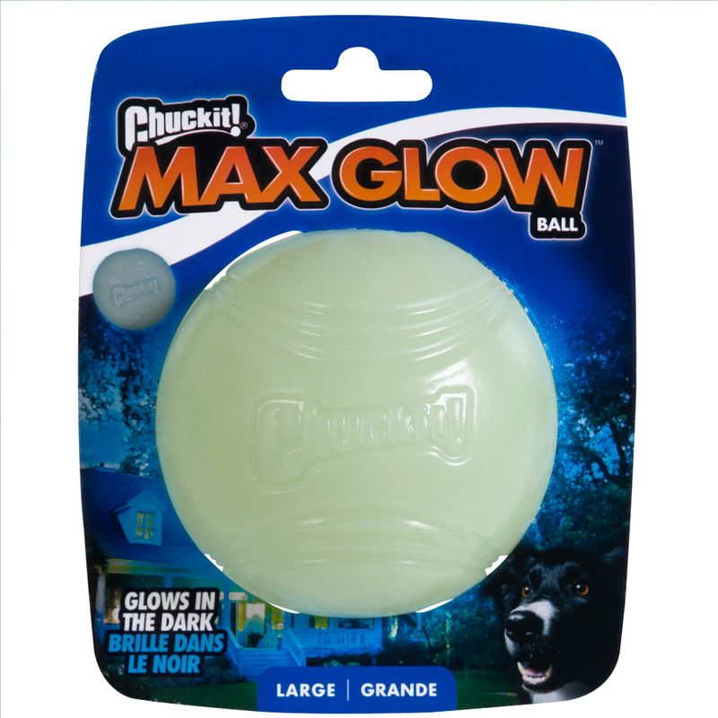 Chuckit! Max Glow Ball, glows in the dark, size Large/Grande. Packaging shows a dog and a house at night.