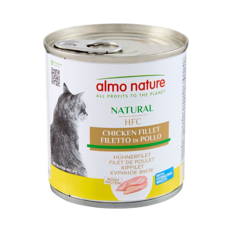 Almo Nature Natural HFC Chicken Fillet, mono protein, no gluten recipe, with hydrating broth. Product label shows chicken fillet image and multilingual description.