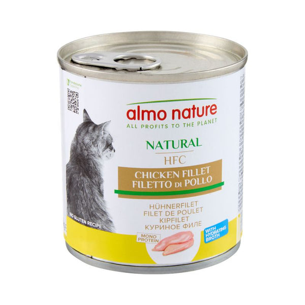 Almo Nature Natural HFC Chicken Fillet, mono protein, no gluten recipe, with hydrating broth. Product label shows chicken fillet image and multilingual description.