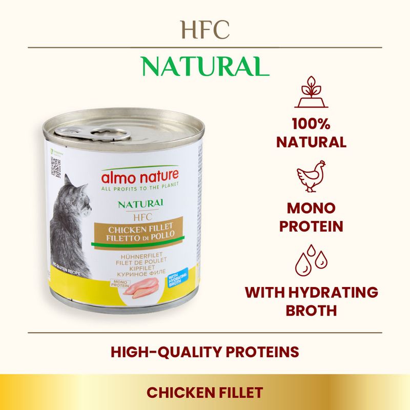 Chicken fillet product with 100% natural ingredients, mono protein, hydrating broth, and high-quality proteins. Main feature: chicken fillet. Texts highlight natural and protein content.