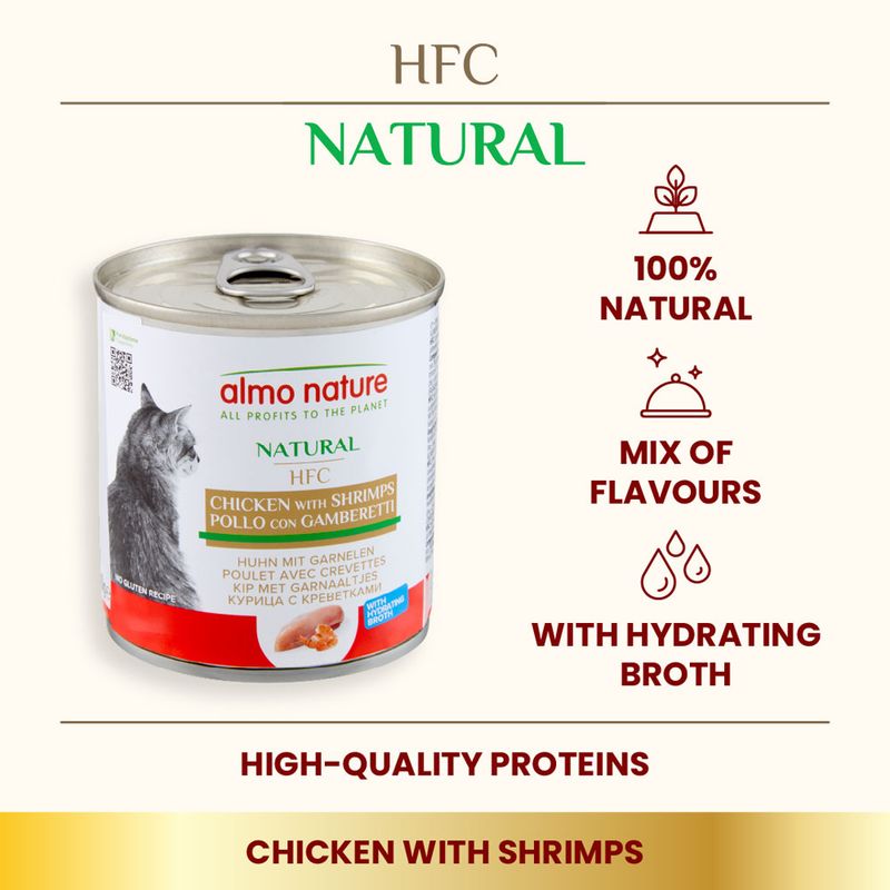 Chicken with shrimps in hydrating broth, 100% natural, mix of flavours, high-quality proteins. Product shown: can labelled 'almo nature HFC Natural Chicken with Shrimps'.