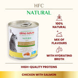 Chicken with salmon product shown as 100% natural, mix of flavours, with hydrating broth and high-quality proteins. Label highlights chicken with salmon flavour.