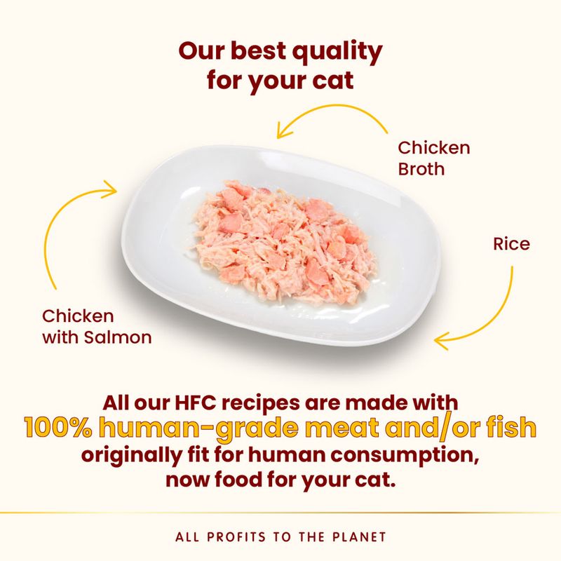 Plate showing chicken with salmon, chicken broth and rice. Text states all HFC recipes use 100% human-grade meat or fish, originally fit for human consumption, now food for your cat.