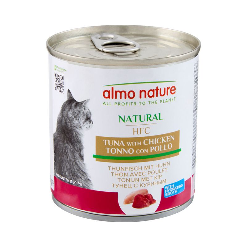 Tin labelled almo nature Natural HFC, tuna with chicken, no gluten recipe, with hydrating broth. Text in multiple languages and image of meat pieces shown on the label.