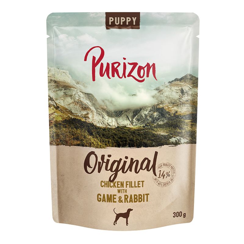 Purizon Puppy Original, chicken fillet with venison and rabbit, 300g. High-quality ingredients, 14% fresh meat content.