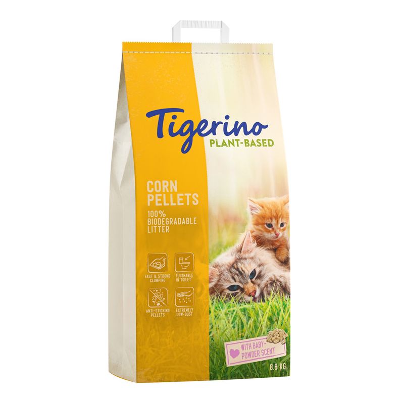 Tigerino Plant-Based Corn Pellets, 100% biodegradable litter, fast clumping, flushable, non-stick, low dust, baby powder scent, 8L.