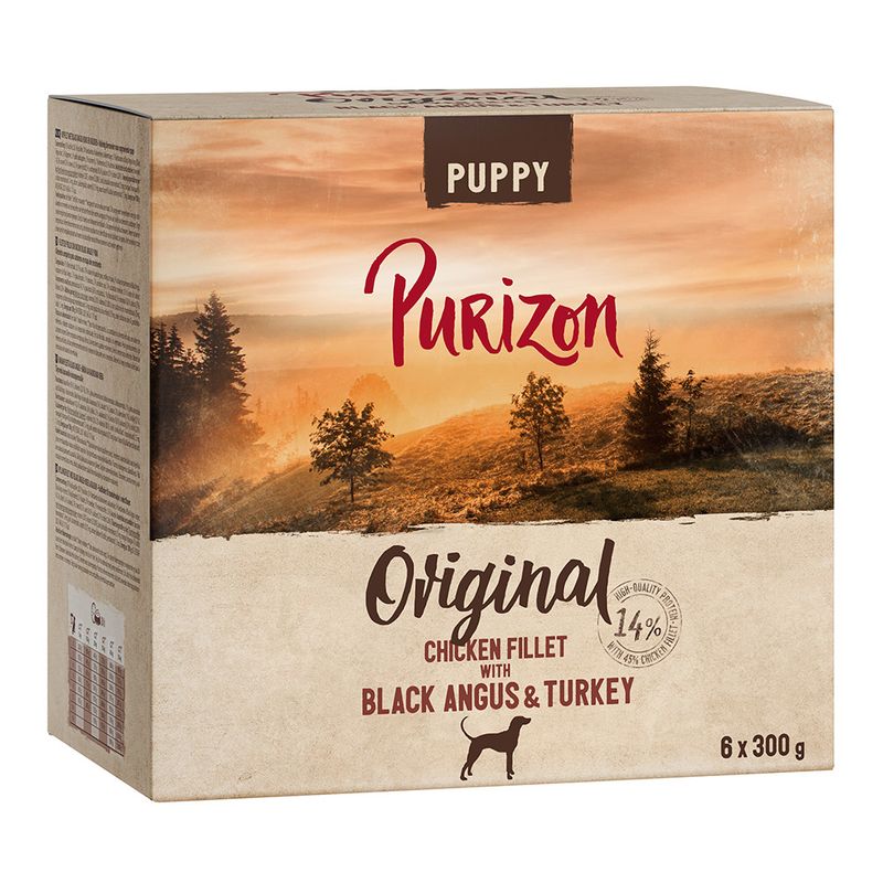 Purizon Puppy Original, Chicken Fillet with Black Angus & Turkey, 6 x 300 g. High-quality ingredients with 14% chicken fillet content.
