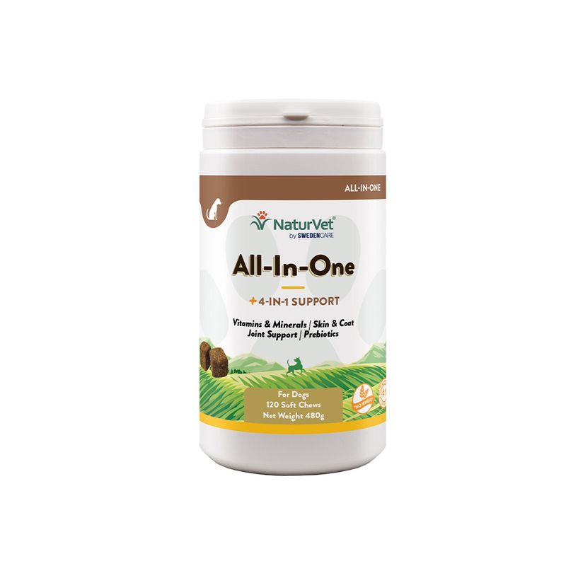 NaturVet All-In-One, 4-in-1 support: vitamins & minerals, skin & coat, joint support, prebiotics. For dogs, 120 soft chews, net weight 480g.