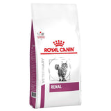 Bag labelled Royal Canin Veterinary Nutrition Renal, showing a cat illustration and the word 'Renal' in purple. Product is intended for veterinary use.