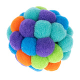 Colourful play ball made of soft material with green, blue, violet and orange elements.