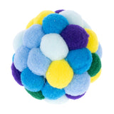 Colourful ball made of soft felt with yellow, blue, green and violet elements. Suitable as a toy for pets.