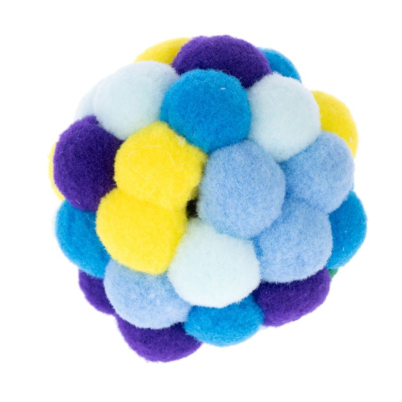 Colourful ball made of soft felt with yellow, blue, violet and white spheres.