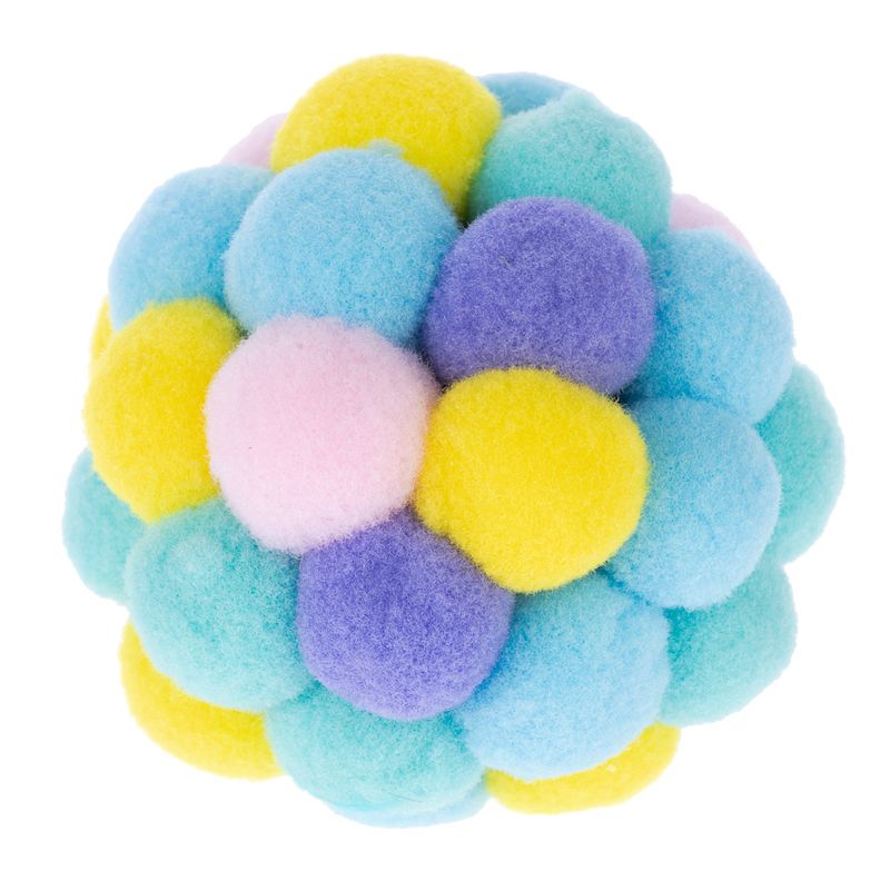 Colourful ball made of soft felt with yellow, blue, violet and pink elements. Round shape, suitable for play.