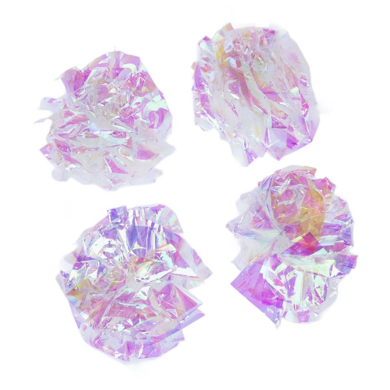 Four iridescent play balls made of transparent plastic with shimmering colours, suitable as cat toys.