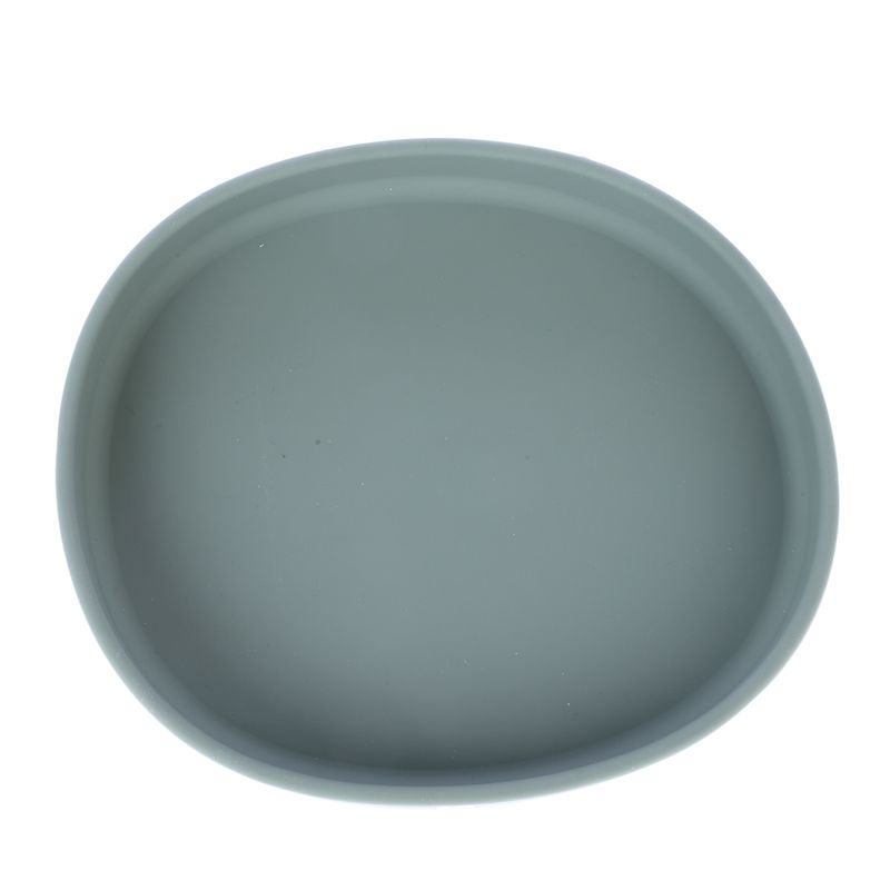 Grey, oval plastic bowl, suitable for food or water.
