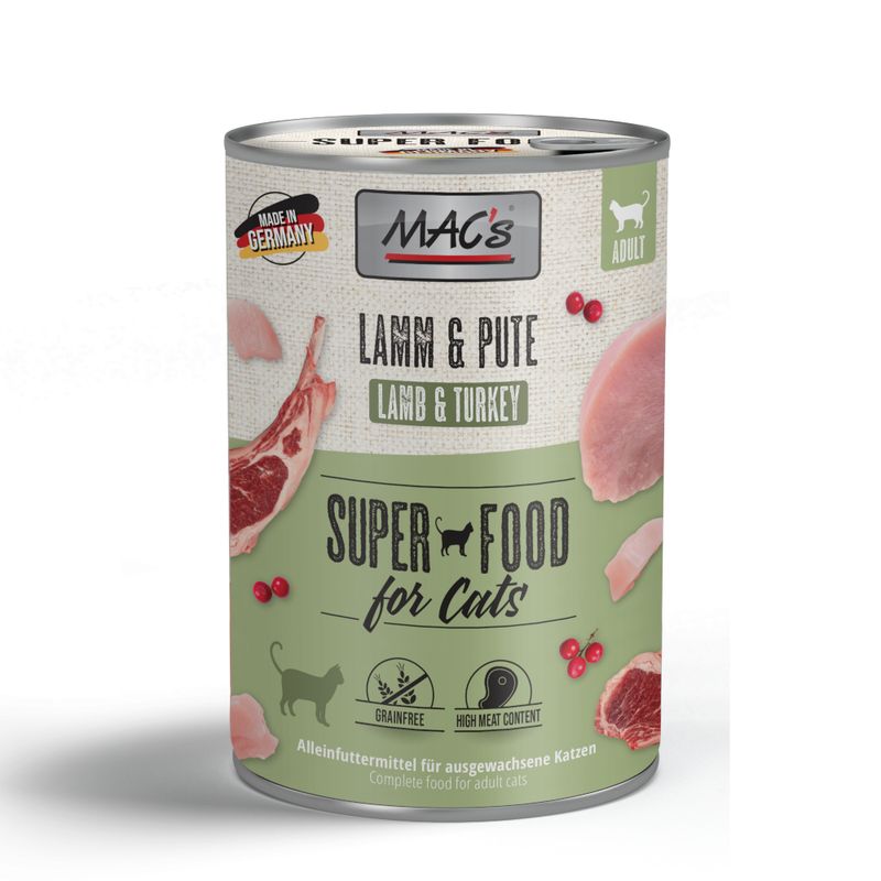 MAC's Super Food for Cats, lamb & turkey. Made in Germany, grain-free, high meat content. Complete food for adult cats.