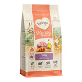 Feringa Vitality Sensitive Adult, turkey with sweet potato, salmon oil and linseed. Grain-free, fresh turkey, with prebiotics and probiotics, with vegetables. Pack size: 400g.